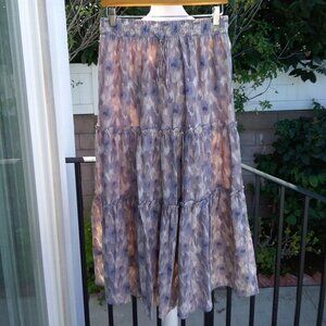 On You Skirt Women's Sze Large Gray Beige Printed Maxi Ruffle Cottagecore Preppy
